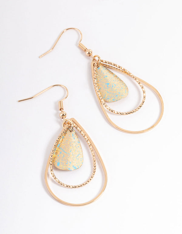 Gold Open Pear Splatter Drop Earrings