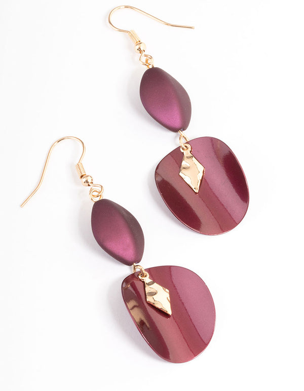 Maroon Curved Disc & Bead Drop Earrings