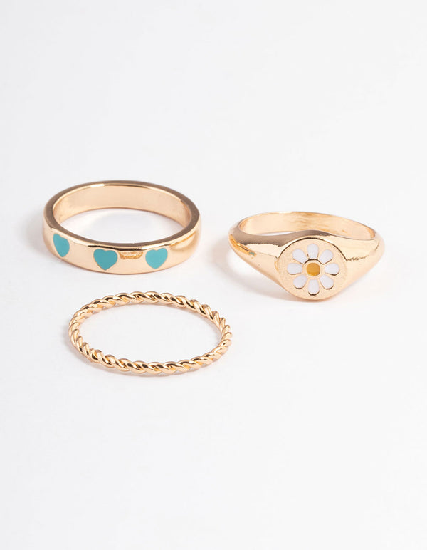 Gold Enamel Flower & Heart Ring Pack