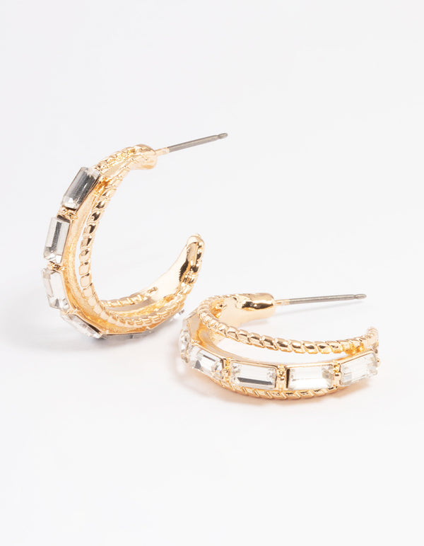 Gold Three Hoop Diamante Earrings