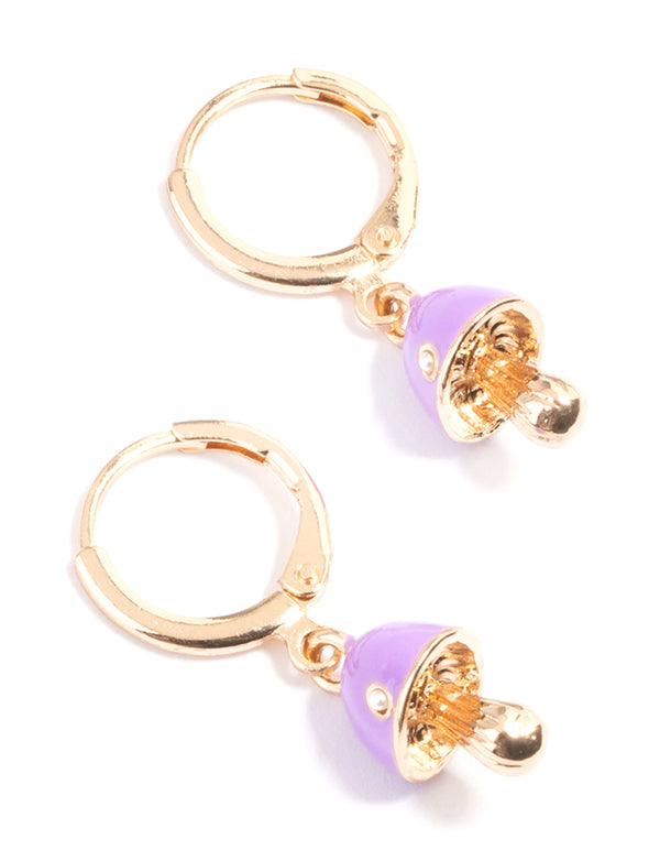 Gold Neon Purple Mushroom Huggie Earrings