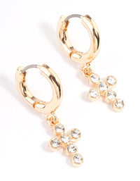 Gold Round Diamante Cross Huggie Earrings - link has visual effect only