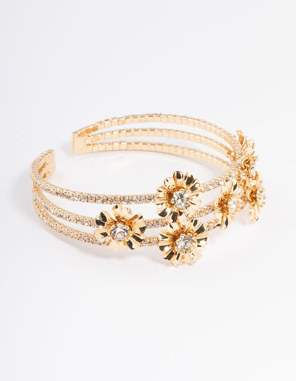 Gold Multi Flower Cupchain Cuff Bangle