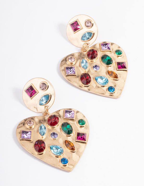 Gold Mixed Gem Stone Heart Earrings