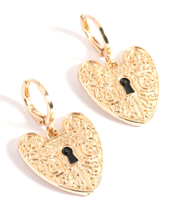 Gold Padlock Heart Drop Earrings