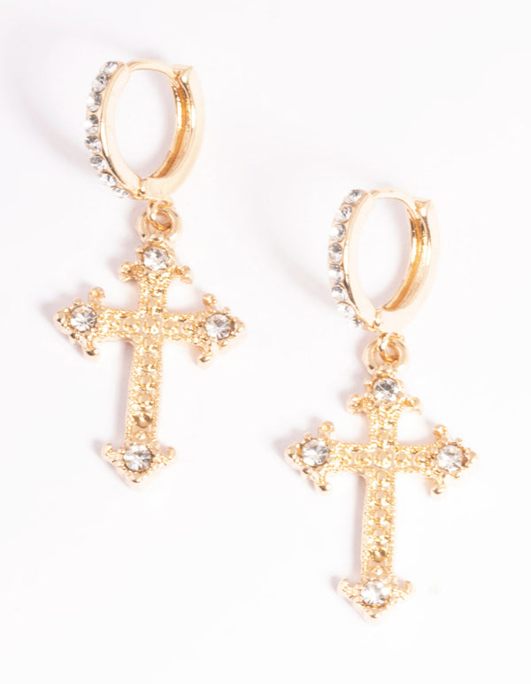 Gold Mini Cross Drop Earrings