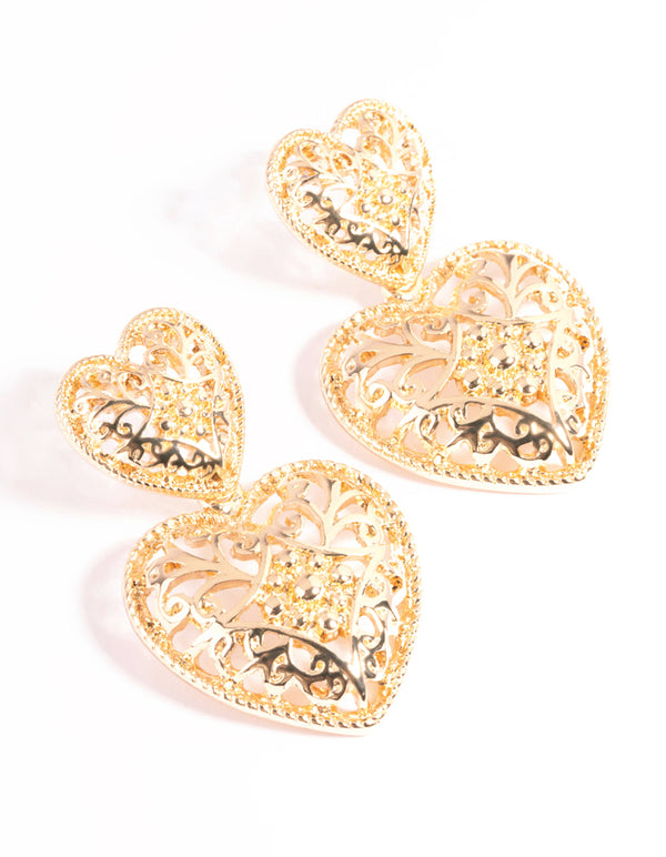 Gold Double Heart Drop Earrings