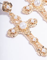 Gold Mini Pearl Cross Earrings - link has visual effect only