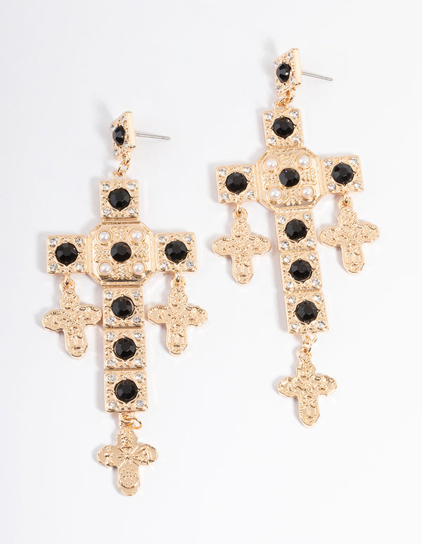 Gold Diamante Pearl Cross Earrings