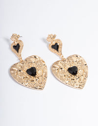 Gold Duo Heart Stamped Gem Earrings - link has visual effect only