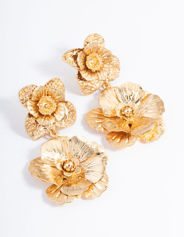 Gold Duo Flower Drop Earrings