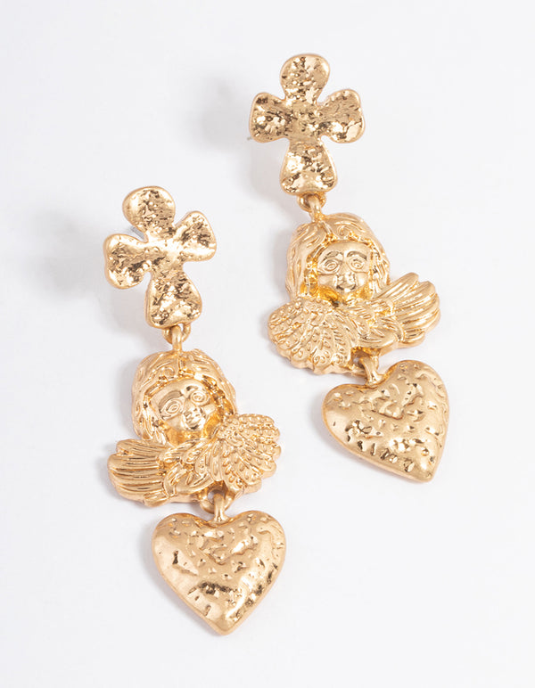 Gold Cross Angel Drop Earrings