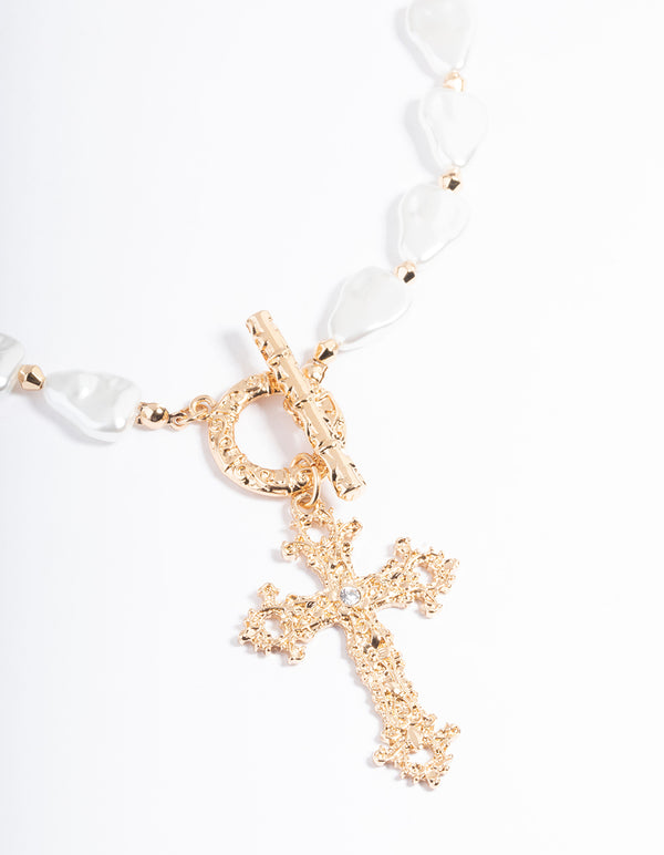 Gold Pearl Cross Necklace