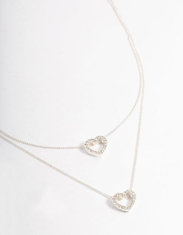Silver Double Diamante Open Heart Necklace - Lovisa