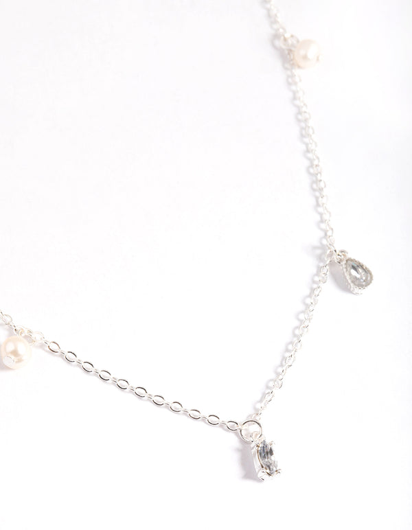 Silver Pearl & Diamante Droplet Necklace