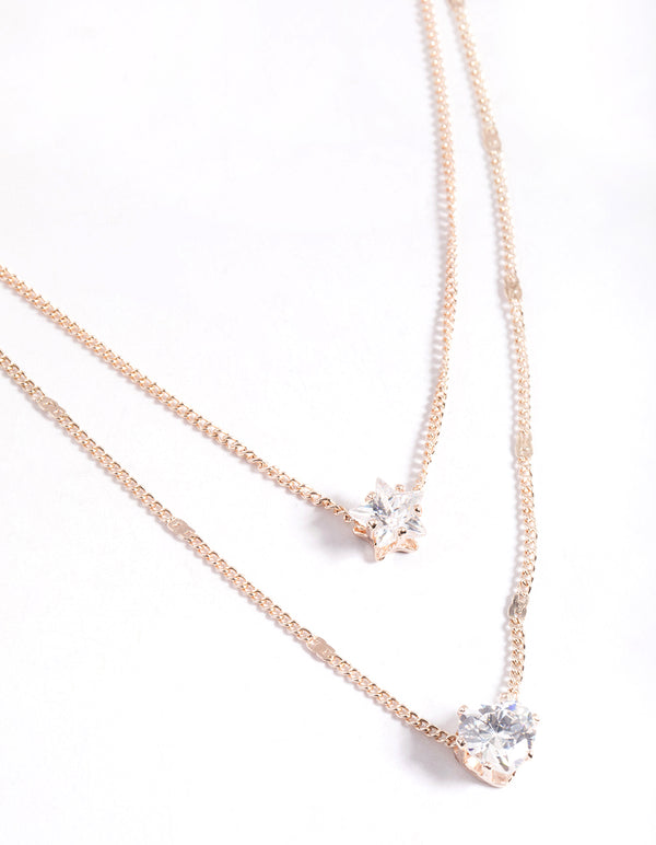 Rose Gold Star & Heart Basic Diamante Necklace