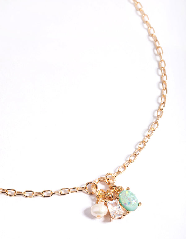 Gold Freshwater Pearl & Diamante Cluster Pendant Necklace