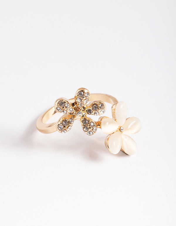 Gold Diamante & Cateye Flower Ring - Lovisa