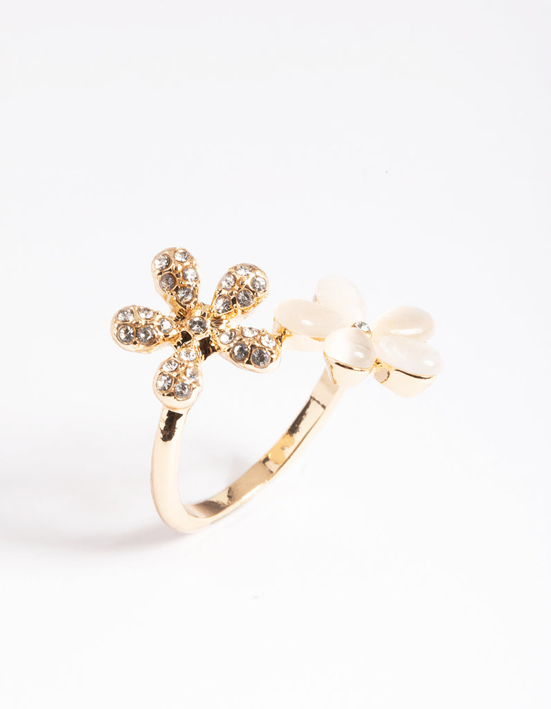 Gold Diamante & Cateye Flower Ring - Lovisa