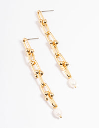 Gold Plated Chain Link Drop Freshwater Pearl Earrings - link has visual effect only