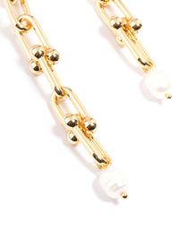 Gold Plated Chain Link Drop Freshwater Pearl Earrings - link has visual effect only