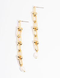 Gold Plated Chain Link Drop Freshwater Pearl Earrings - link has visual effect only