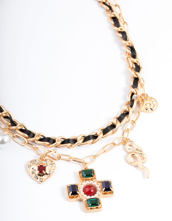 Gold Three Layer Multi Charm Necklace