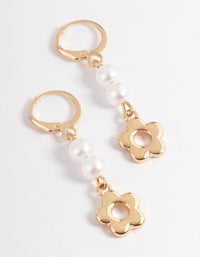 Gold Pearl & Daisy Drop Huggie Earrings - link has visual effect only