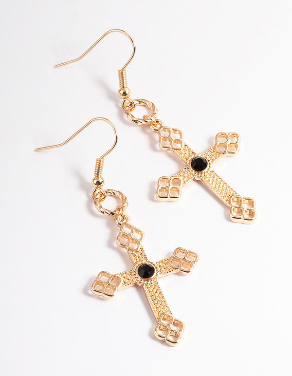 Gold Ornate Black Cross Drop Earrings