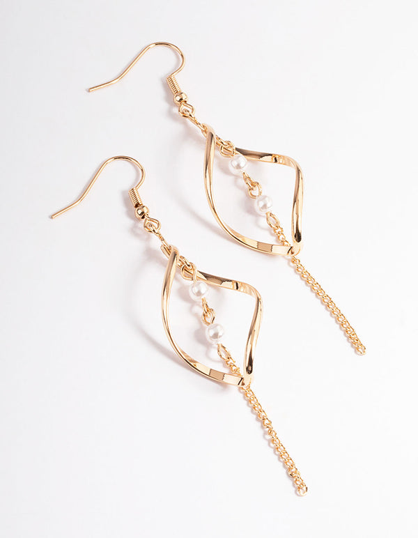 Gold Pearl Chain Twist Drop Earrings