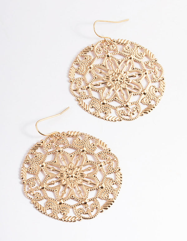 Gold Ornate Round Stamp Drop Earrings