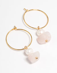 Gold Plated Rose Quartz Freshwater Pearl Wire Hoop Earrings - link has visual effect only