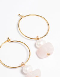 Gold Plated Rose Quartz Freshwater Pearl Wire Hoop Earrings - link has visual effect only