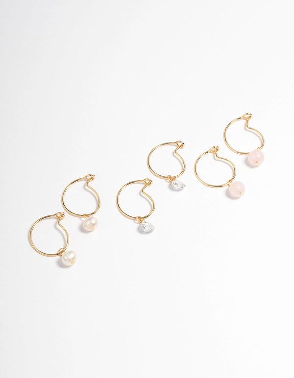 Gold Plated Rose Quartz Freshwater Pearl Hoop Stack Earrings