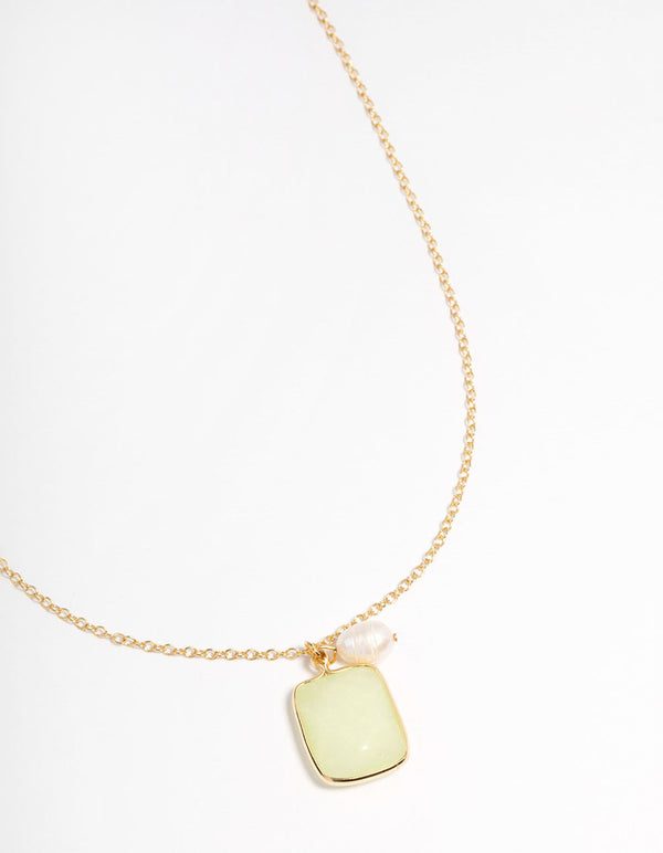 Gold Plated Green Fluorite Freshwater Pearl Square Charm Necklace