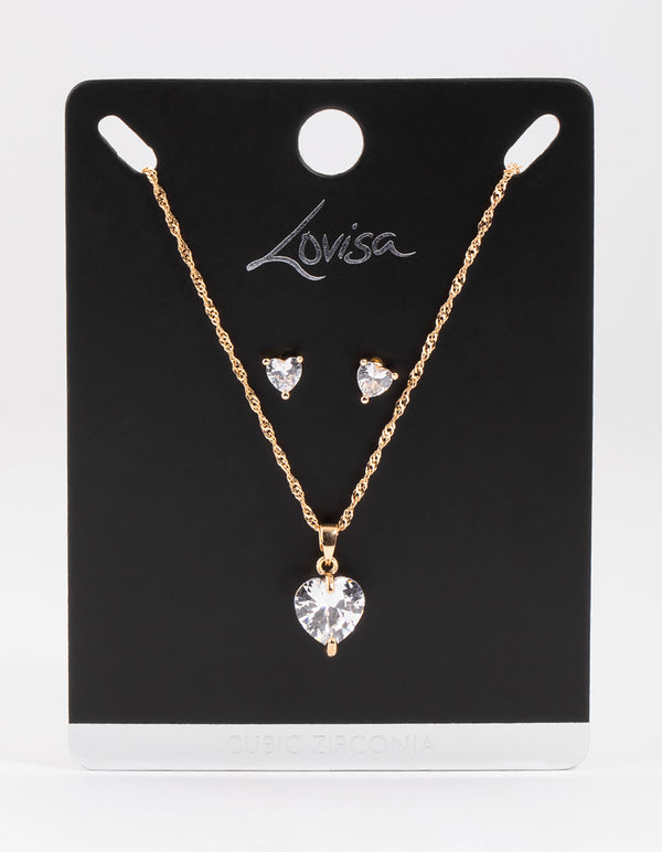 Gold Cubic Zirconia Hearts Earrings Necklace Set Lovisa