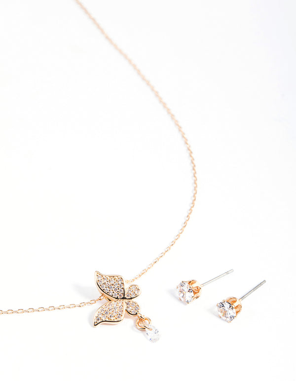 Gold Cubic Zirconia Butterfly Dangle Earrings & Necklace Set