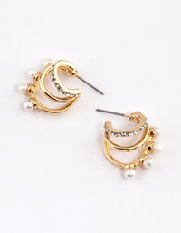 Gold Plated Diamante Pearl Triple Hoop Earrings - link has visual effect only