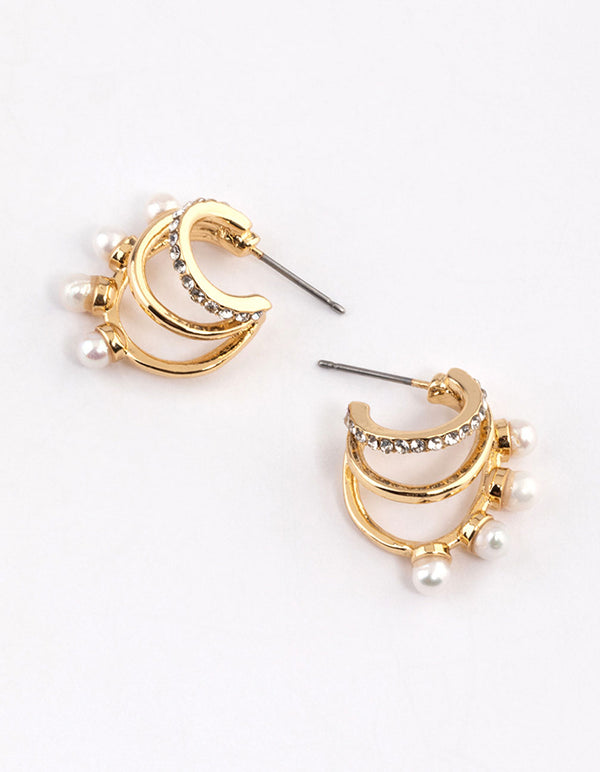 Gold Plated Diamante Pearl Triple Hoop Earrings