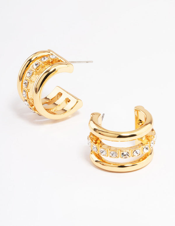 Gold Plated Diamante Trio Layer Triple Hoop Earrings