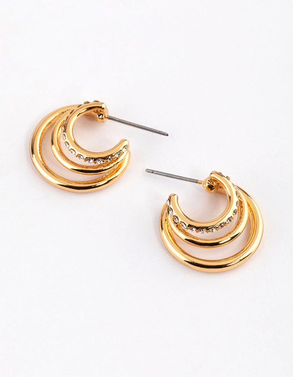 Gold Plated Diamante Gradual Layer Triple Hoop Earrings