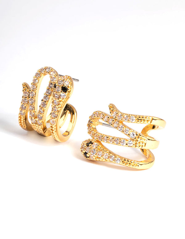 Gold Plated Snake Diamante Triple Cuff Hoop Earrings