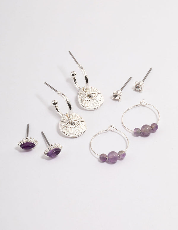 Silver Amethyst Evil Eye Diamante Earrings Stack