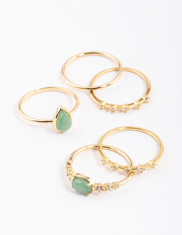 Gold Plated Green Aventurine Cubic Zirconia Dainty Ring Stack