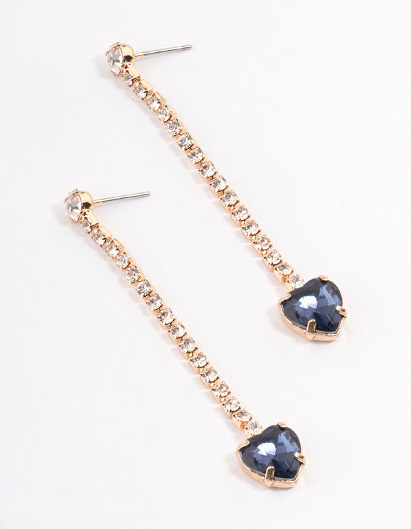 Gold Diamante Cupchain Navy Heart Drop Earrings