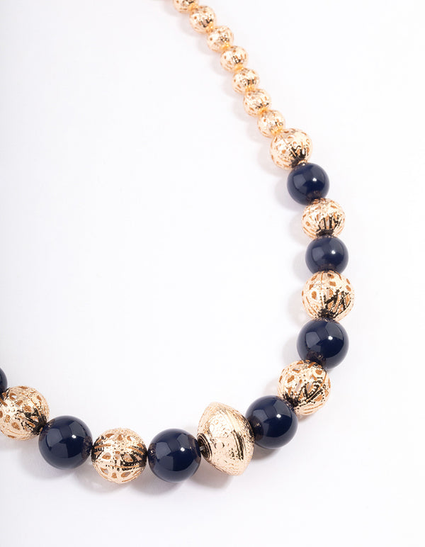 Navy Pattern Mixed Size Ball Necklace