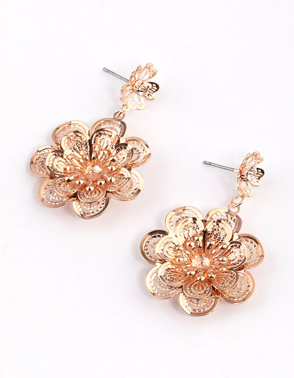 Rose Gold Diamante Double Flower Drop Earrings