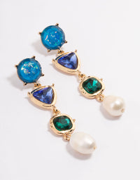 Gold Mixed Organic Blue Stone Pearl Drop Earrings - link has visual effect only