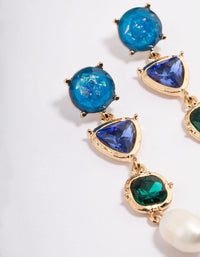 Gold Mixed Organic Blue Stone Pearl Drop Earrings - link has visual effect only