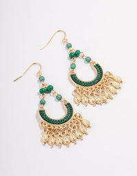 Gold & Green Bead Tassel Crescent Drop Earrings - link has visual effect only